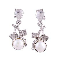 Rhodium plated cultured pearl dangle earrings, 'Exotic Swirls' - Rhodium Plated Cultured Pearl Dangle Earrings from India