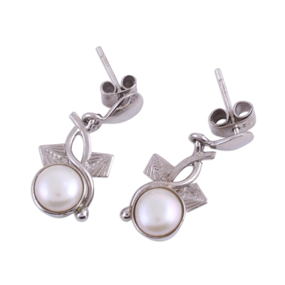 Rhodium plated cultured pearl dangle earrings, 'Exotic Swirls' - Rhodium Plated Cultured Pearl Dangle Earrings from India