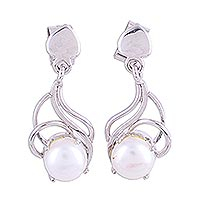 Rhodium plated cultured pearl dangle earrings, 'Graceful Purity' - Rhodium Plated Cultured Pearl Dangle Earrings from India