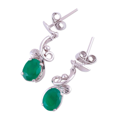 Onyx dangle earrings, 'Brilliant Vines' - Green Onyx Leafy Dangle Earrings from India