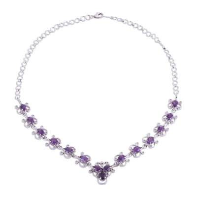 Rhodium plated amethyst link necklace, 'Purple Grandeur' - Rhodium Plated Amethyst Link Necklace from India