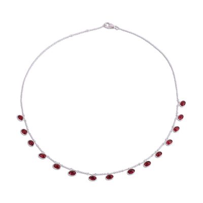 Garnet pendant necklace, 'Twinkling Red' - Faceted Garnet and Silver Pendant Necklace from India