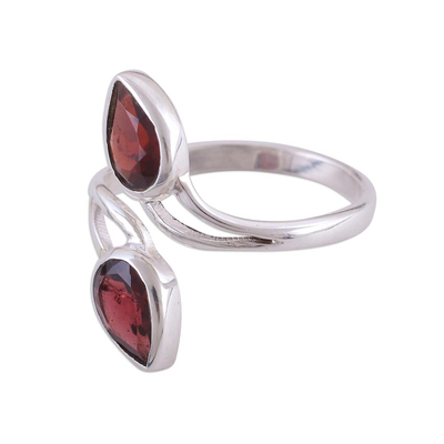 Rhodium plated garnet wrap ring, 'Red Teardrops' - Rhodium Plated Garnet and Silver Wrap Ring from India