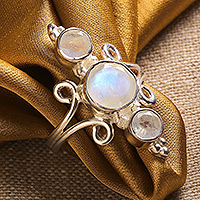 Rainbow moonstone multi-stone cocktail ring, 'Alliance of Three' - Indian Rainbow Moonstone and Sterling Silver Cocktail Ring