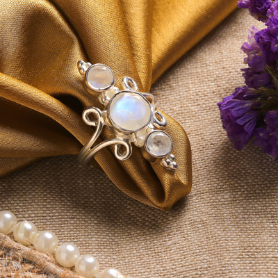 Rainbow moonstone multi-stone cocktail ring, 'Alliance of Three' - Indian Rainbow Moonstone and Sterling Silver Cocktail Ring