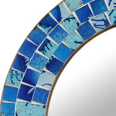 Glass mosaic wall mirror, 'Tropical Ocean' - Glass Mosaic Round Wall Mirror from India