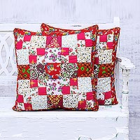 Cotton cushion covers, 'Patchwork Enchantment' (pair) - Pair of Handmade Patchwork Cushion Covers from India
