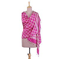 Silk shawl, 'Magenta Glam' - Block Printed Fringed Silk Shawl in Magenta from India