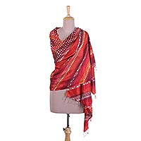 Silk shawl, 'Paisley Passion' - Block Printed Fringed Silk Shawl with Red Stripes from India