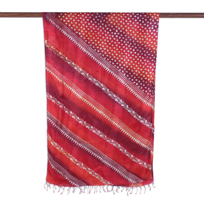 Mantón de seda - Mantón de seda con estampado de bloques y flecos con rayas rojas de la India