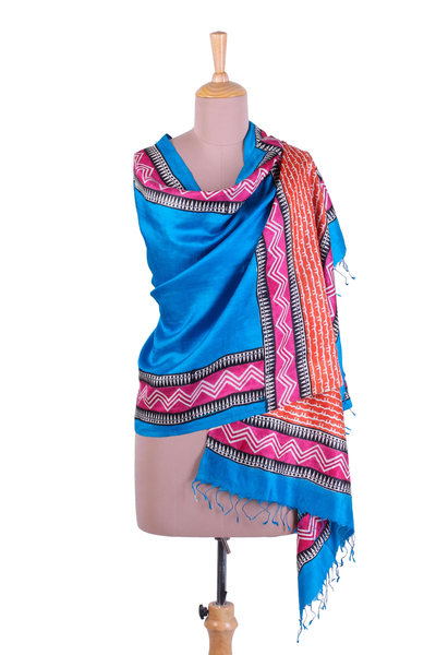 Mantón de seda - Chal de seda con estampado de bloques en azul caribeño de la India