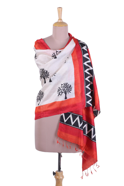 Silk shawl, 'The Orchard' - Block Printed Fringed Silk Shawl with Tree Motifs from India