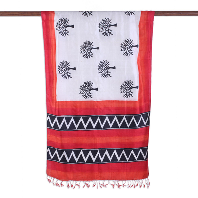 Silk shawl, 'The Orchard' - Block Printed Fringed Silk Shawl with Tree Motifs from India