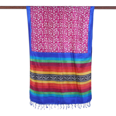 Silk shawl, 'Exciting Vine' - Block Printed Fringed Multicolored Silk Shawl from India