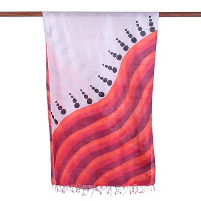 Silk shawl, 'Fantastic Waves' - Block Printed Fringed Wave Motif Silk Shawl from India