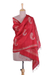 Silk shawl, 'Crimson Leaf Fall' - Block Printed Fringed Leaf Motif Silk Shawl from India