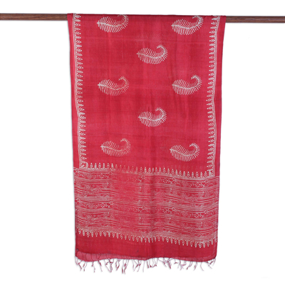 Silk shawl, 'Crimson Leaf Fall' - Block Printed Fringed Leaf Motif Silk Shawl from India