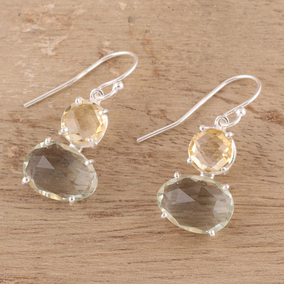 Prasiolite and citrine dangle earrings, 'Regal Air' - Faceted Prasiolite and Citrine Earrings from India