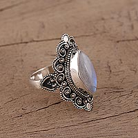 Rainbow moonstone cocktail ring, 'Morning Harmony' - Rainbow Moonstone and Sterling Silver Ring from India