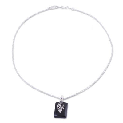 Halskette mit Onyx-Anhänger - Halskette mit Anhänger aus schwarzem Onyx und Sterlingsilber aus Indien