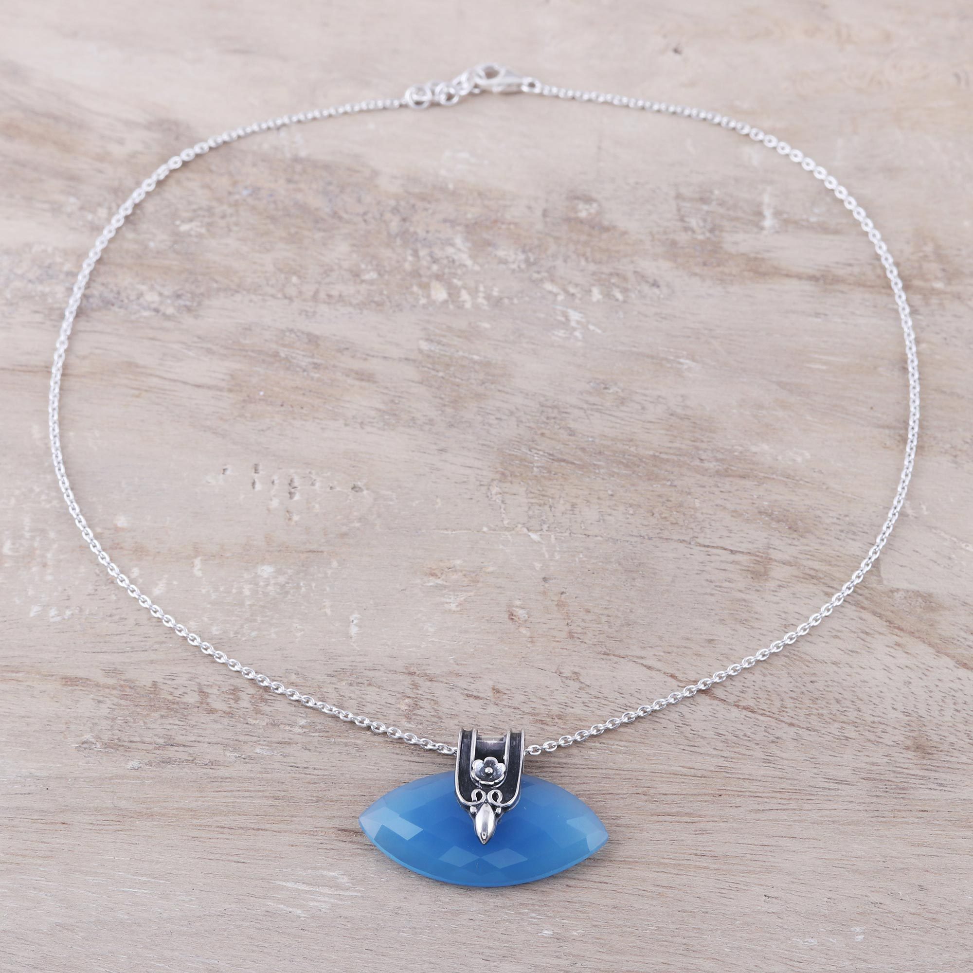 Blue Chalcedony and Silver Pendant Necklace from India - Regal Eye | NOVICA