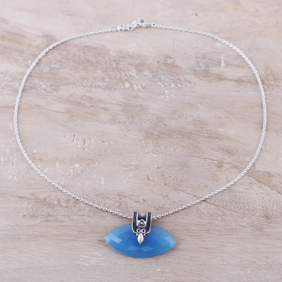 Chalcedony pendant necklace, 'Regal Eye' - Blue Chalcedony and Silver Pendant Necklace from India
