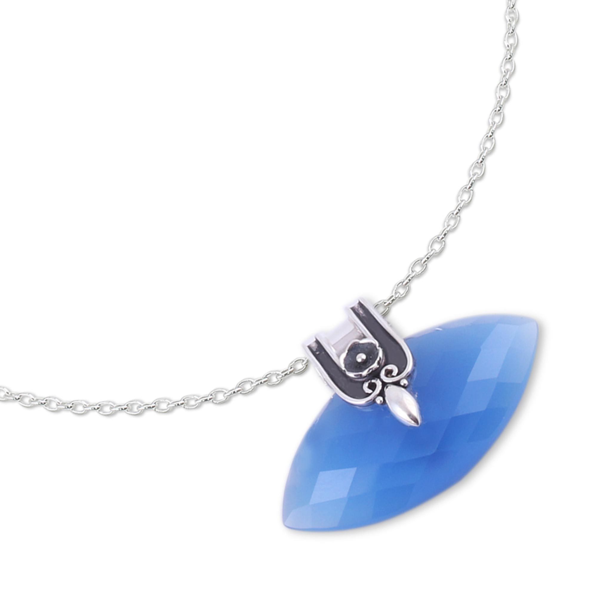 Blue Chalcedony and Silver Pendant Necklace from India - Regal Eye | NOVICA