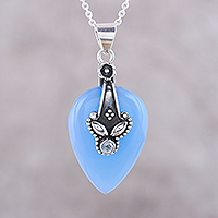 Chalcedony and blue topaz pendant necklace, 'Sky Pick' - Chalcedony and Blue Topaz Pendant Necklace from India