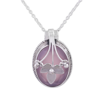 Floral Chalcedony and Silver Pendant Necklace from India