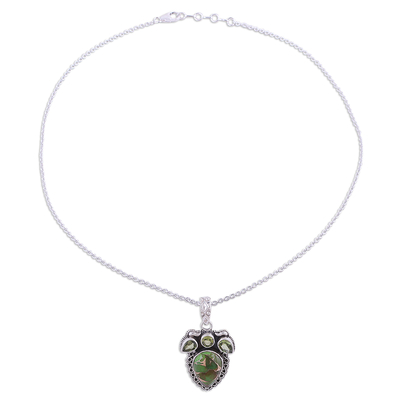 Peridot pendant necklace, 'Forest Celebration' - Sterling Silver Peridot and Composite Turquoise Necklace
