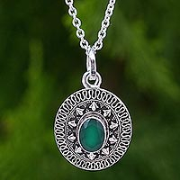 Onyx pendant necklace, 'Jaipur Mystic' - Green Onyx and Sterling Silver Pendant Necklace from India