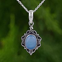 Chalcedony pendant necklace, 'Blue Damsel' - Oval Shaped Chalcedony and Sterling Silver Pendant Necklace