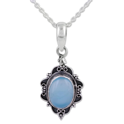 Oval Shaped Chalcedony and Sterling Silver Pendant Necklace