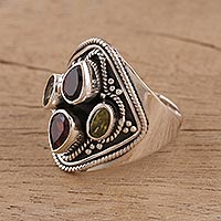 Garnet and peridot cocktail ring, 'Harmony of Colors' - Garnet and Peridot Cocktail Ring from India