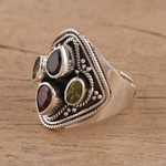 Garnet and peridot cocktail ring, 'Harmony of Colors' - Garnet and Peridot Cocktail Ring from India