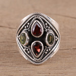 Garnet and peridot cocktail ring, 'Harmony of Colors' - Garnet and Peridot Cocktail Ring from India