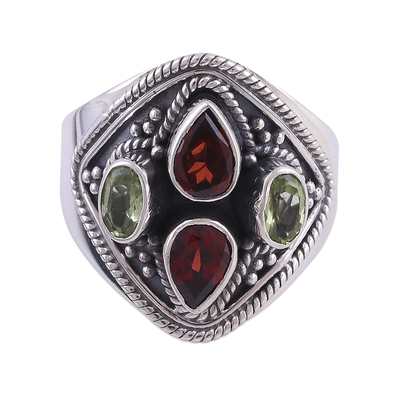 Garnet and peridot cocktail ring, 'Harmony of Colors' - Garnet and Peridot Cocktail Ring from India