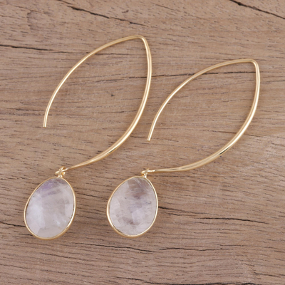 Gold plated rainbow moonstone dangle earrings, 'Rainbow's End' - Rainbow Moonstone Earrings in 18k Gold Plated Silver