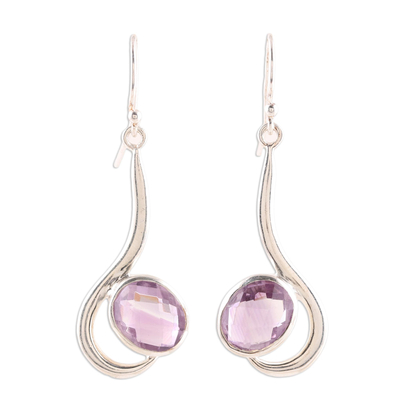 Amethyst dangle earrings, 'Cool Sabarmati' - 8 Carat Amethyst and Polished Silver Dangle Earrings