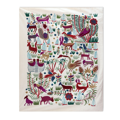 Cotton chain stitched bedspread, 'Jungle Frolic' (twin) - Animal Themed Twin Bedspread Hand Woven in India