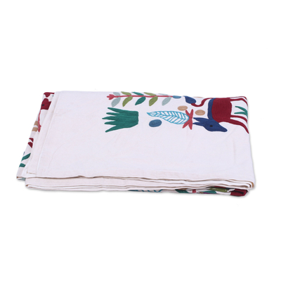Cotton chain stitched bedspread, 'Jungle Frolic' (twin) - Animal Themed Twin Bedspread Hand Woven in India