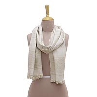 Silk scarf, 'Cool Morning Hours' - Hand Woven Beige Eri Silk Scarf with Fringe