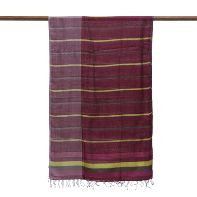 Silk shawl, 'Sumptuous Stripes' - Handwoven Magenta Striped 100% Silk Shawl from India