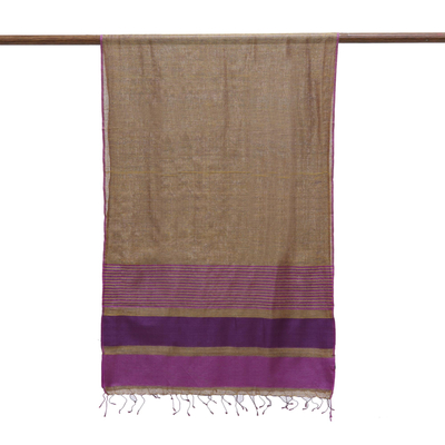 Mantón de seda, 'Kalinga Mystique' - Mantón de seda 100% tejido a mano de rayas marrón dorado de la India