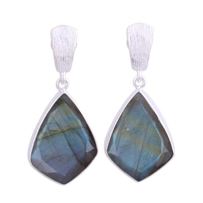 Labradorite dangle earrings, 'Dark Romance' - 34 Carat Labradorite and Sterling Silver Post Earrings