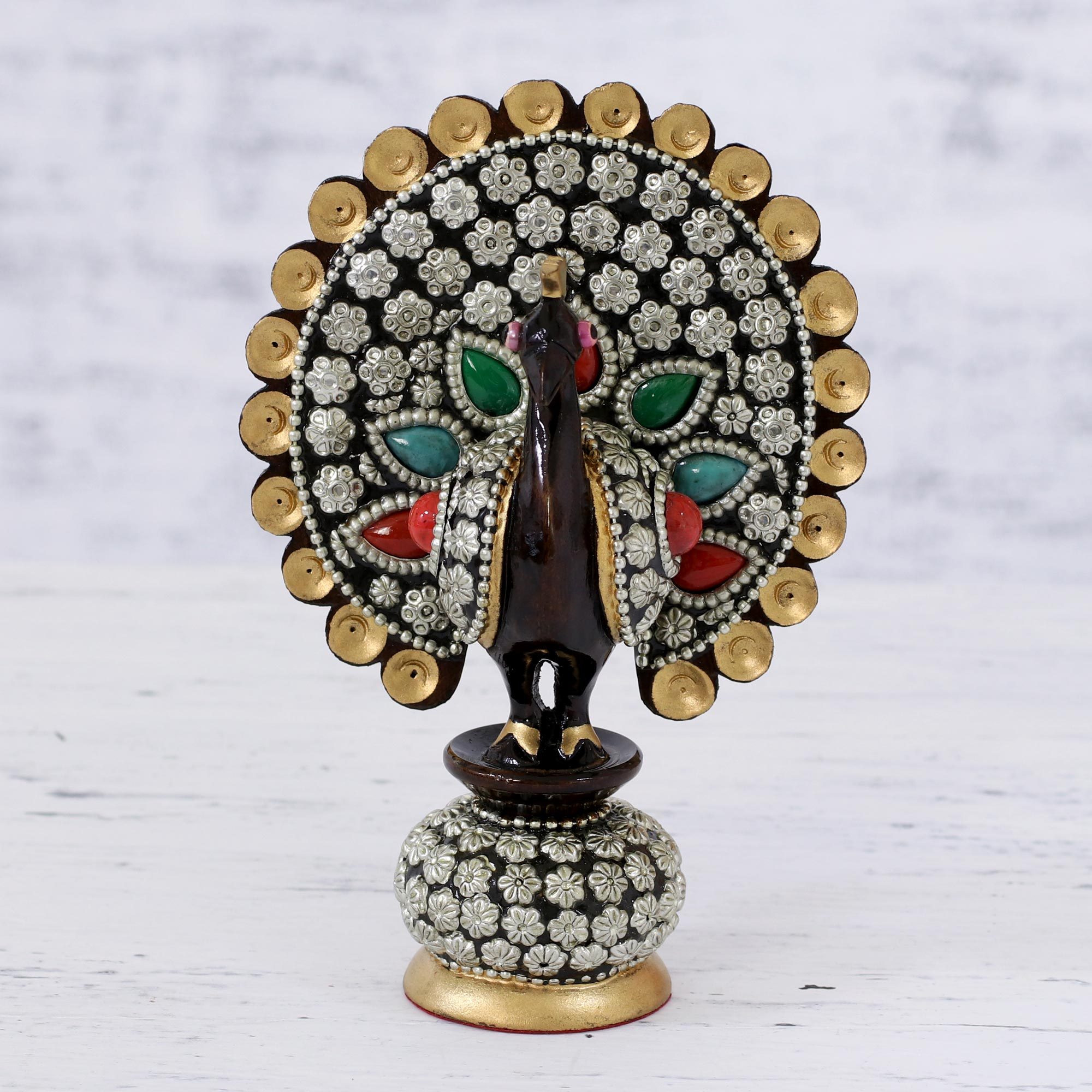 Peacock Figurine with Faux Gems and Golden Accents Dancing Peacock