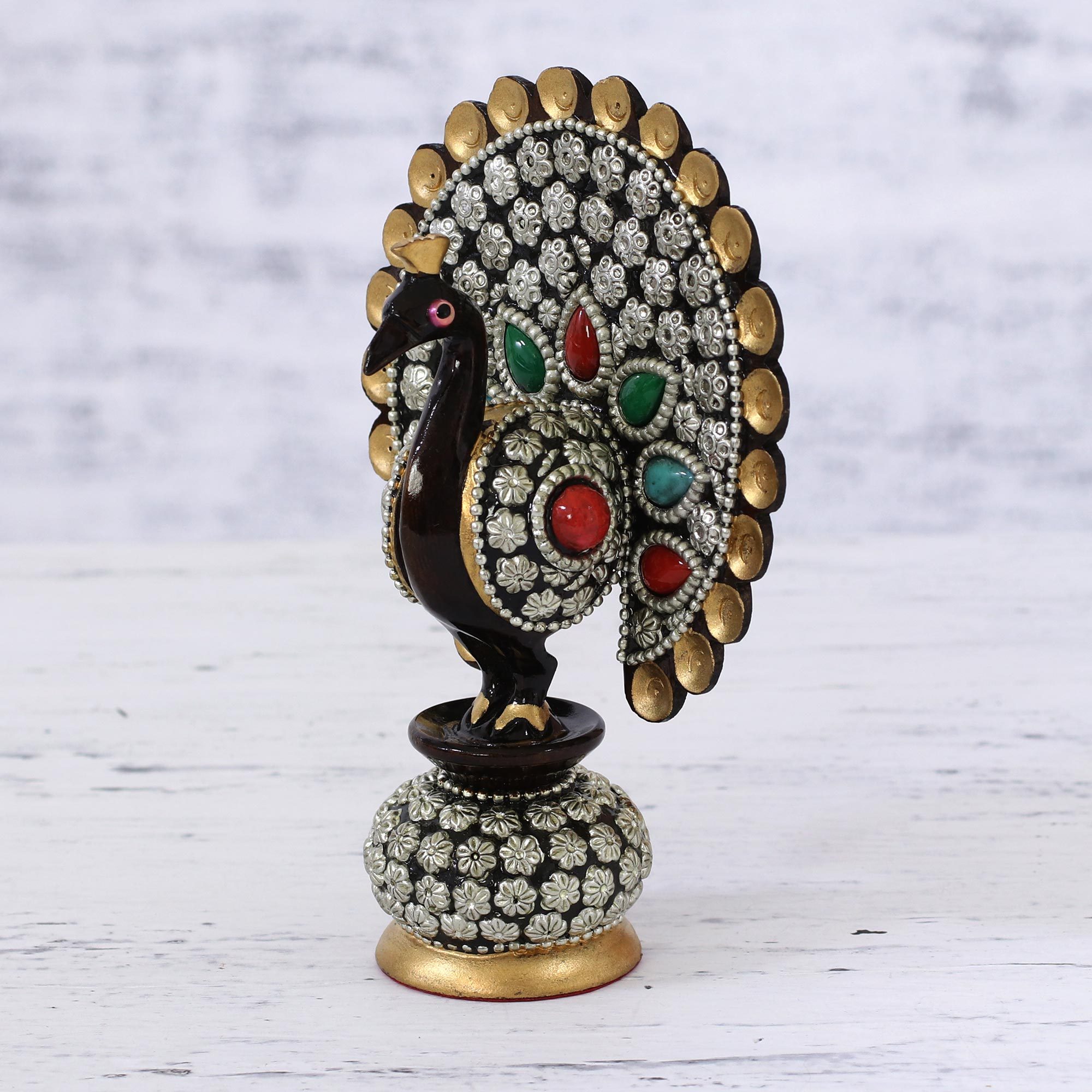 Peacock Figurine with Faux Gems and Golden Accents Dancing Peacock