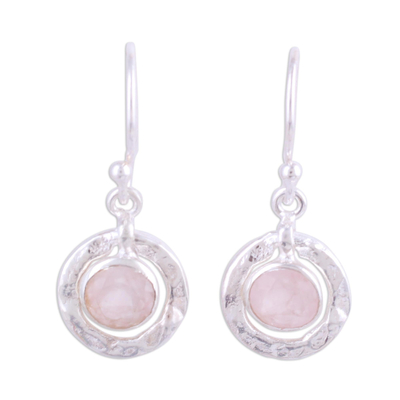 Rose quartz dangle earrings, 'Dawning Charm' - Rose Quartz Earrings in Textured Sterling Silver