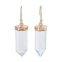 Gold plated quartz dangle earrings, 'Crystal Bullet' - Gold Plated Clear Quartz Crystal Dangle Earrings