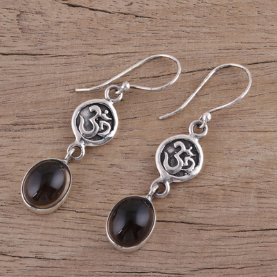 Smoky quartz dangle earrings, 'Healing Om' - Om Symbol Earrings with Smoky Quartz Cabochons